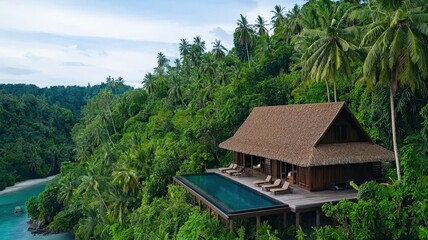 environmental consideration conservation nature concept. Luxurious villa on a cliff surrounded by lush greenery and ocean views.