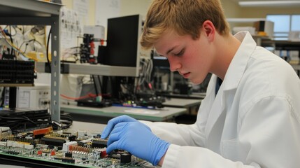 Young technician working on a circuit board in a lab.