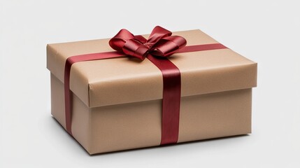 Obraz premium A beautifully wrapped gift sits on a simple surface. The brown paper is secured with a striking red ribbon, creating an elegant and inviting appearance perfect for any occasion