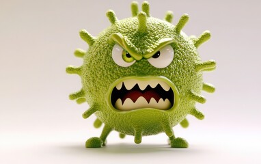 Fototapeta premium A 3D cartoon green virus with a cute, angry face, exuding a funny vibe, placed against a white background. 