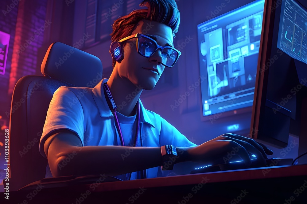 Aufkleber a focused individual working at a computer in a tech-savvy environment.