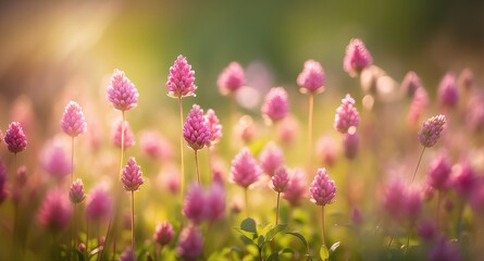 Obraz premium Soft focus pink blossoms glow in a field under warm sunlight