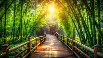 Tranquil Bamboo Bridge Nestled in a Lush Green Forest Surrounded by Verdant Foliage and Gentle Sunlight Creating a Peaceful and Serene Natural Environment