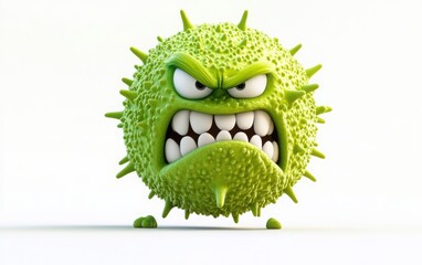 A 3D green, cute, and funny cartoon virus with an angry expression, set on a white background. 