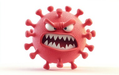 Fototapeta premium A 3D red cartoon virus with an angry yet funny expression, featuring a cute design, set on a white background. 