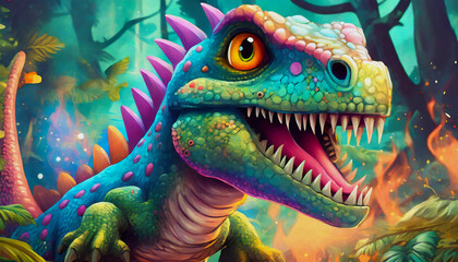 Obraz premium oil painting style cartoon character illustration multicolored Velociraptor ,dinosaur 