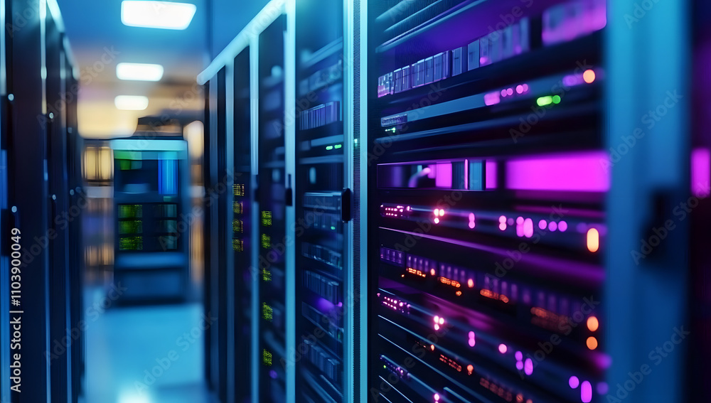 Aufkleber modern rack led console in server room data center. generative ai.