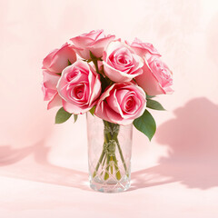 Fototapeta premium Soft pink roses in a delicate vase sitting on a pale pink background with subtle texture and gentle lighting, spring flowers, still life photography, flower arrangement, pastel colors