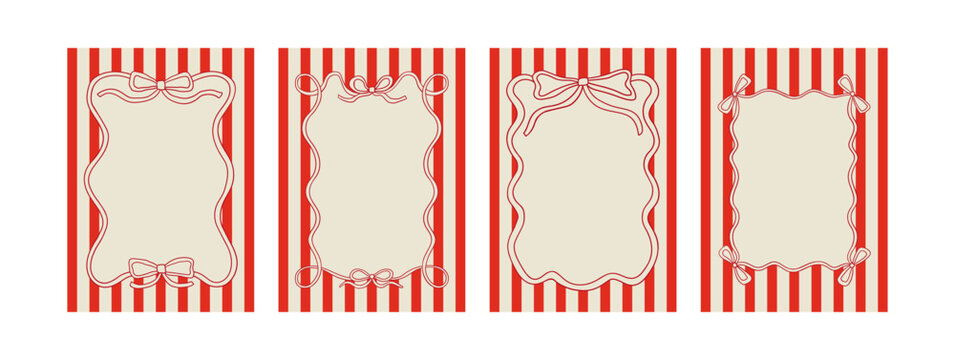 Set of vintage greeting card templates with wavy bows. Vector illustration of ribbon frames on striped background. Holiday clipart in retro coquette aesthetic