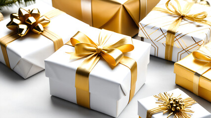 Gold and white wrapped gifts with festive decorations evoke a sense of elegance and celebration during the holiday season.