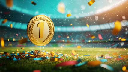 Celebrating Victory With a Gleaming Gold Medal Adorned With Laurel in a Vibrant Stadium