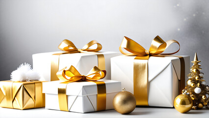 Gold and white wrapped gifts with festive decorations evoke a sense of elegance and celebration during the holiday season.