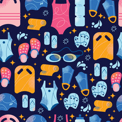 Seamless pattern swimming equipment and accessories swimsuits, goggles, flippers, swim caps, water bottle, towel, and kickboard. Flat cartoon illustration with colorful design elements isolated