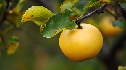 A close-up of a yellow fruit hanging from a branch, surrounded by vibrant green leaves, showcasing the beauty of nature's bounty.