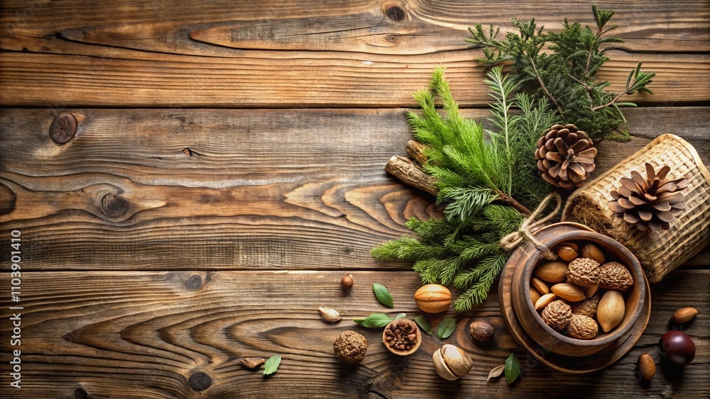 Poster tranquil rustic still life on natural wood background with copy space for text and creative designs 