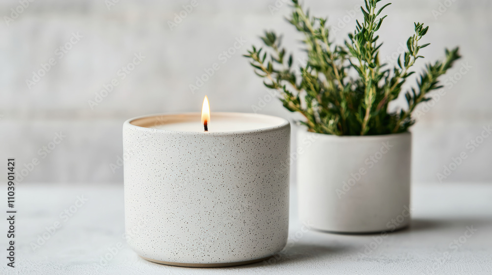 Poster burning aromatherapy candle with fresh thyme creating a relaxing wellness atmosphere