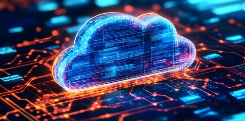 A digital cloud symbol over a circuit board, representing cloud computing technology.