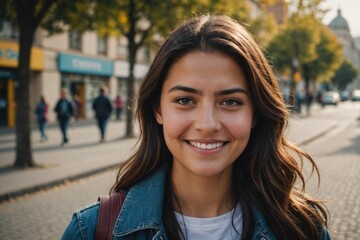 Close portrait of a smiling young Chilean woman looking at the camera, Chilean city outdoors  blurred background