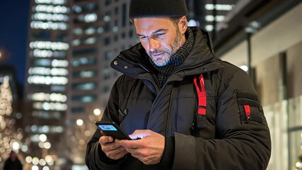 Mature man using smartphone at night in city.  Stylish winter fashion. - Powered by Adobe