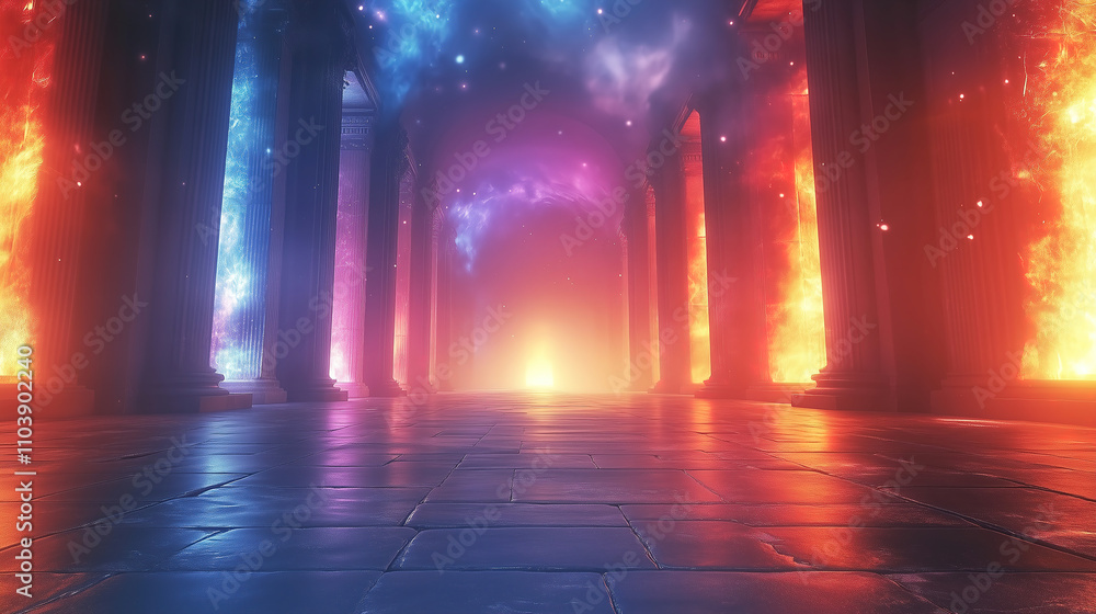 Poster enigmatic hall with vibrant light displays and pillars creating a mystical atmosphere. generative ai
