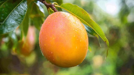 Close-up of a ripe mango hanging from a lush green tree, glistening with fresh droplets of water, showcasing its vibrant colors.