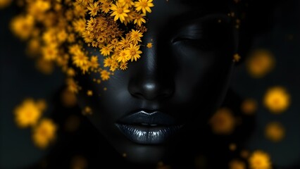 A striking minimalist composition showcasing a profile of a face in a dark background, highlighted with vibrant yellow eyeshadow and abstract paint splashes