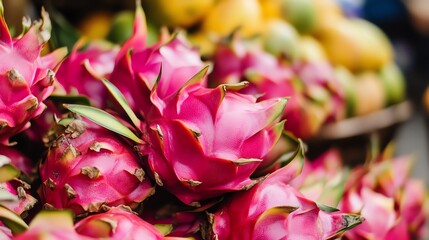 Close-up of vibrant pink dragon fruit surrounded by tropical fruits, showcasing its unique texture and colors in a market setting.