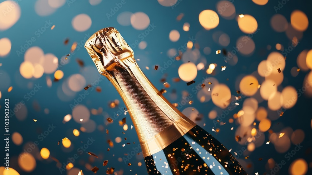 Poster glittering golden champagne bottle exploding with sparkling confetti against a dark midnight gradien