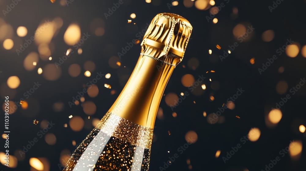 Poster glittering golden champagne bottle exploding with sparkling confetti against a dark midnight gradien