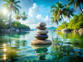 Obraz premium Tranquil Zen Stones Balanced in Water with Bokeh Effect, Serene 3D Tropical Ocean Landscape Featuring Stepping Stones and Natural Stone Formations