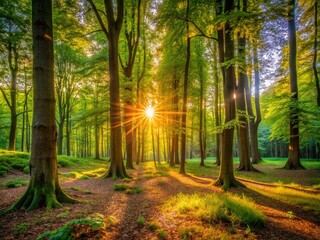 Tranquil Woods in the Evening: A Serene Landscape Capturing the Beauty of Nature, Soft Light Filtering Through Leaves, and Peaceful Atmosphere in a Shady Forest Scene
