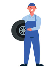 mechanic man holds wheel car