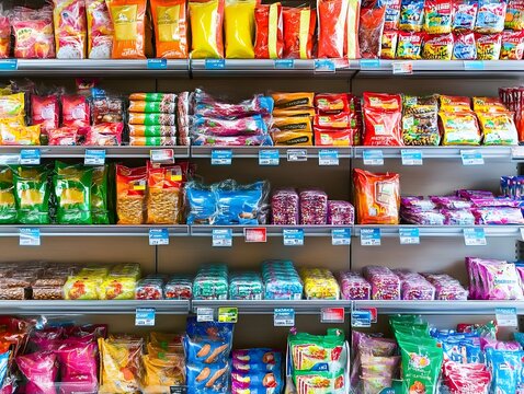 A colorful display of packaged snacks and food items arranged on supermarket shelves.