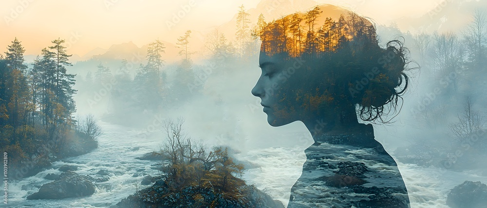 Poster serene reflection of nature: a woman's profile merging with misty forest and river landscape, evokin