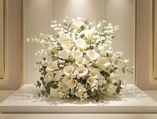 Bright white funeral arrangement with calla lilies and eucalyptus, vibrant, sorrowful celebration