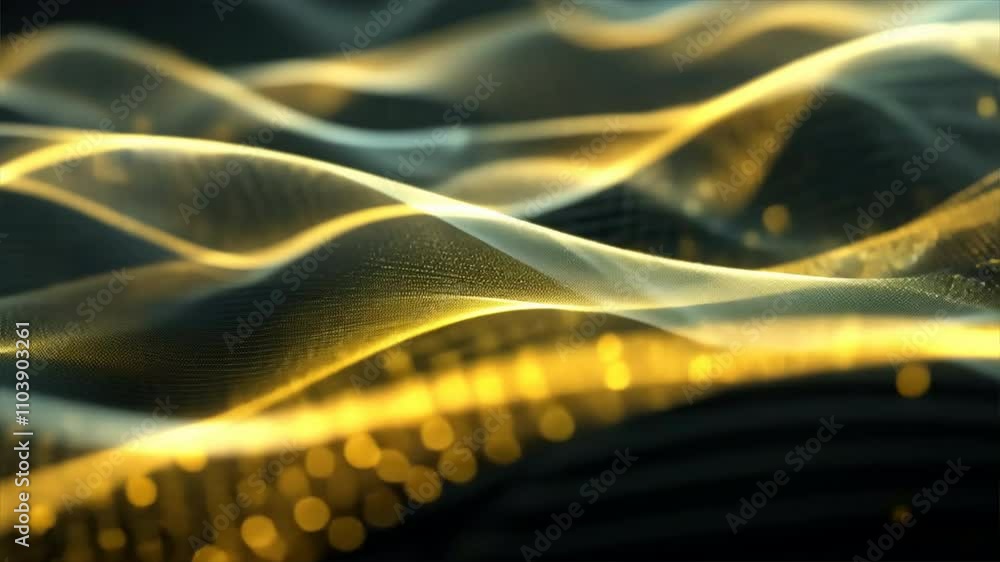 Poster Abstract golden waves with smooth texture and glowing light create mesmerizing patterns, evoking tranquility and elegance through flowing motion and interplay of light.