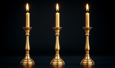 Burning candles in vintage candlesticks on a dark background with warm gold and deep black tones 