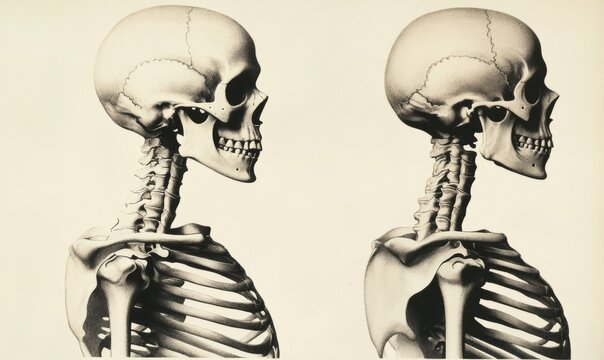 Antique-style human skeleton illustration, front and back views, detailed in sepia tones, vintage 1908 