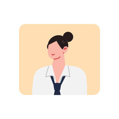 Fototapeta premium Illustration of a woman wearing a shirt and tie. A smiling female with her hair tied in a ponytail. Avatar of Asian school girl in square frame. Flat vector character design isolated white background
