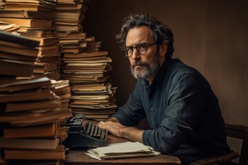 Contemplative portrait of a writer surrounded by papers
