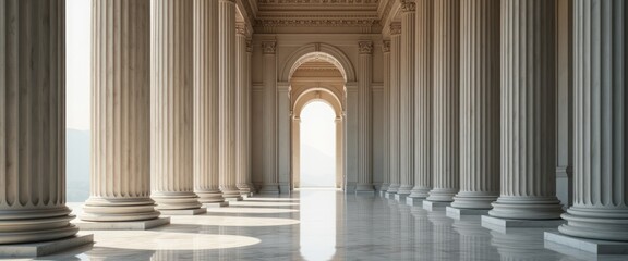 A grand hall adorned with towering columns stretches into the distance, bathed in soft, golden light that filters through an archway. The polished marble floor reflects the elegance of the