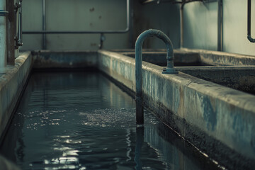 Waste water pool from industrial factory, Water treatment pool, Precipitate process of waste water treatment, Oxygen infill.
