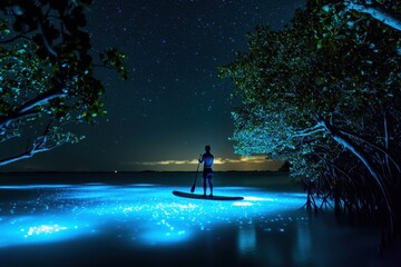 Fototapeta premium Paddleboarding under the stars with glowing bioluminescence