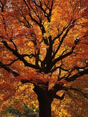 The bare branches of a tree stand out against a vibrant background of autumn leaves, foliage, woodlands.