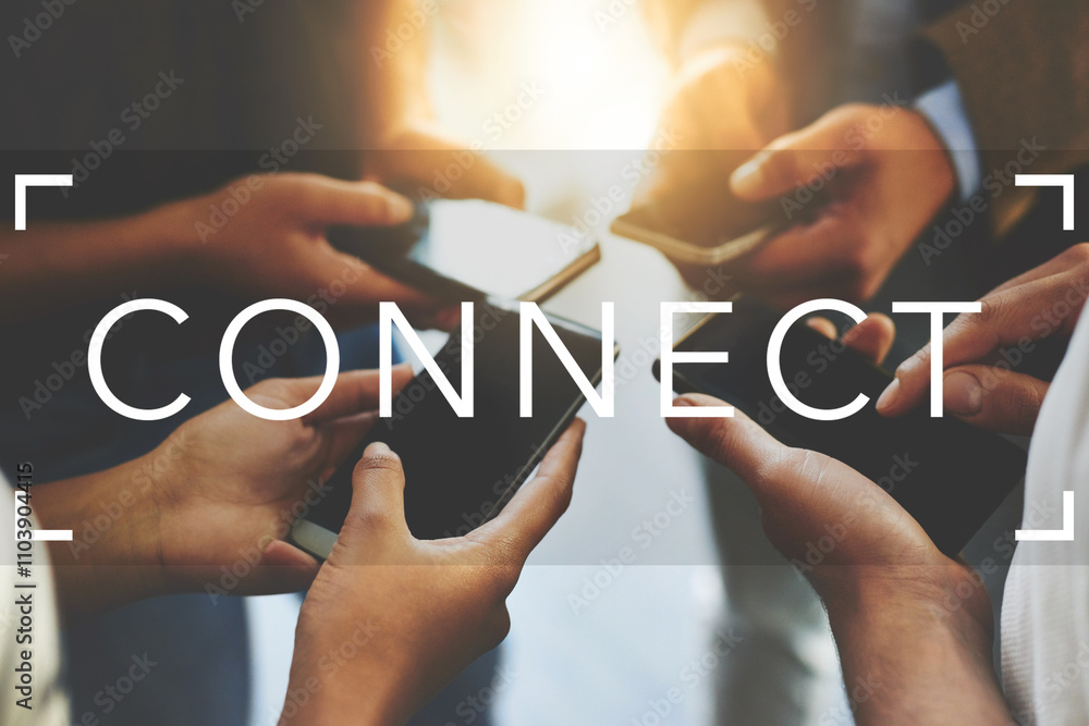Poster hands, phone and overlay with text in office with group, connection and meeting with mobile app at s