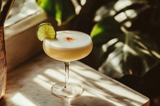 Traditional pisco sour with lime garnish.