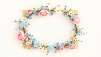 Obraz premium Floral wreath postcard frame with pastel colored flowers, wreath, decoration, vector