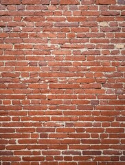 Red brick wall with cracks and chips in a natural setting, natural surroundings, rustic texture.