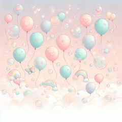 Pastel-colored balloons float in the breeze with