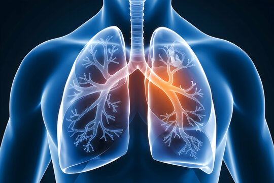 Blue hued illustration of human lungs, right lung glowing orange, showcasing health